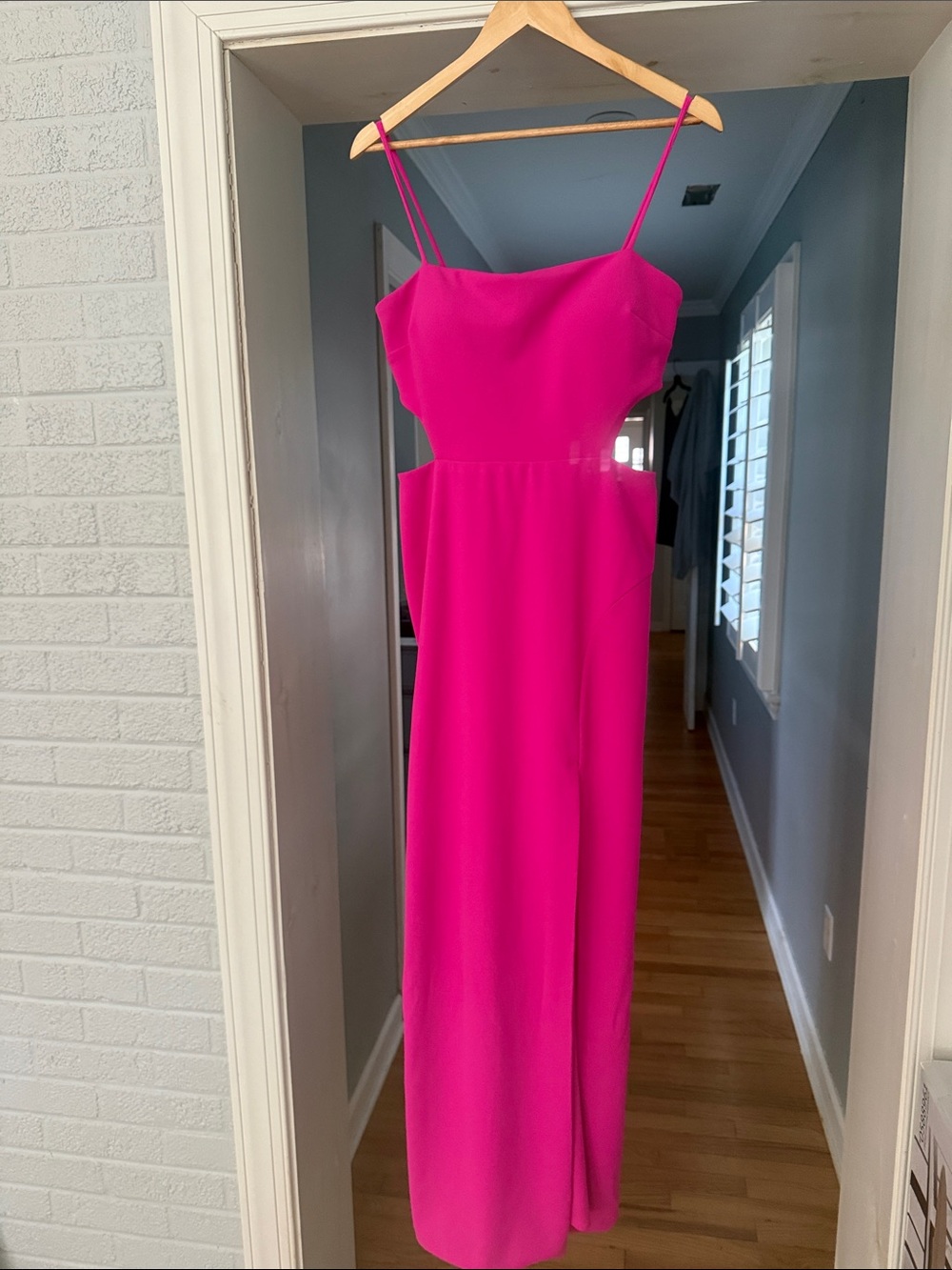 Xscape Hot Pink Spaghetti Strap Maxi Dress with Waist Cutouts